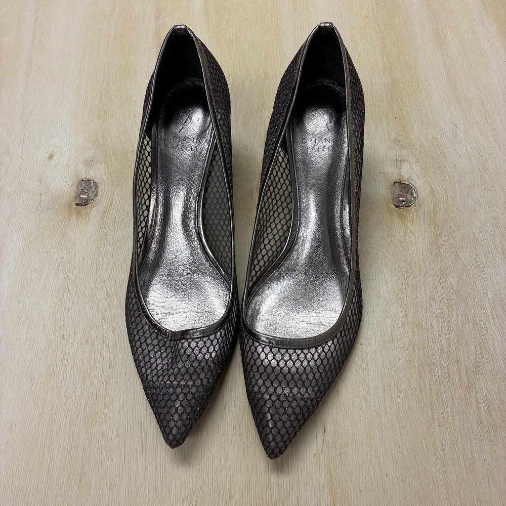 Adrianna Papell Shoes Womens Size 9 Silver Mesh Pointed Toe Kitten Heel Party